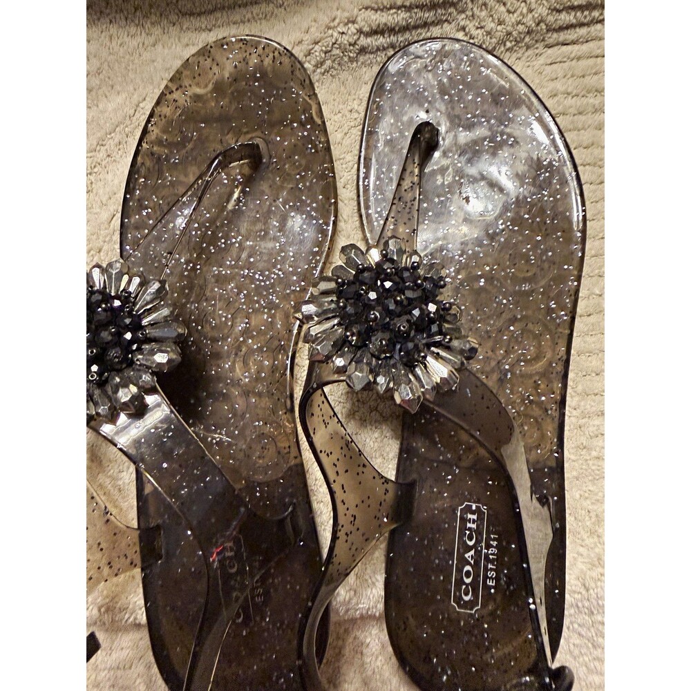 Coach Gray Synthetic Thong Sandals Glitter Logo Accents Buckle Ankle Strap 10